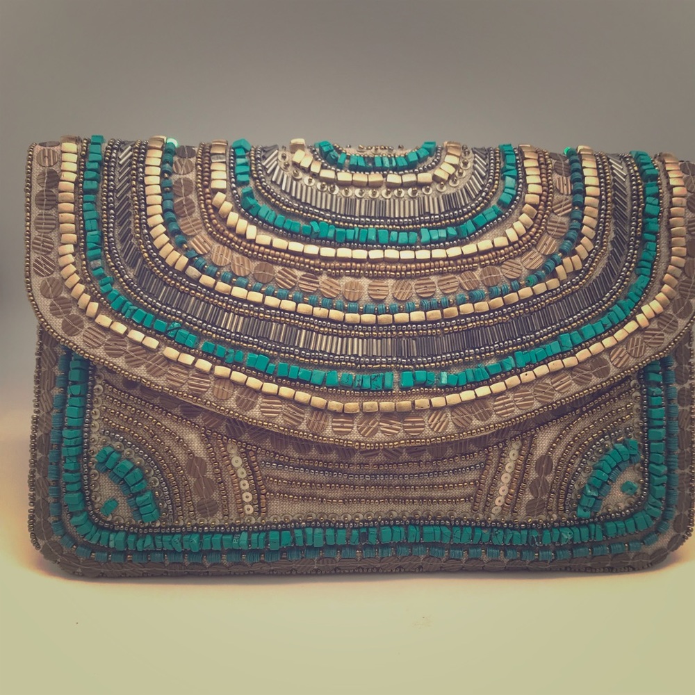 handcrafted Gold & turq beaded clutch by CHARADE